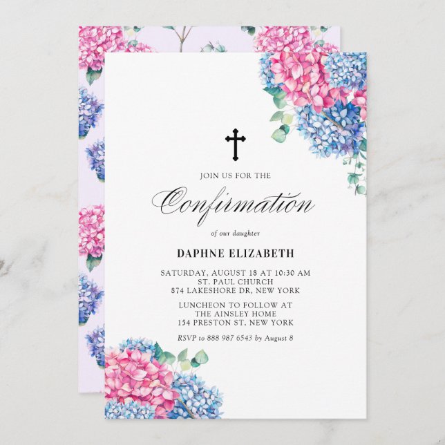 Watercolor Pink and Blue Hydrangeas Confirmation Invitation (Front/Back)