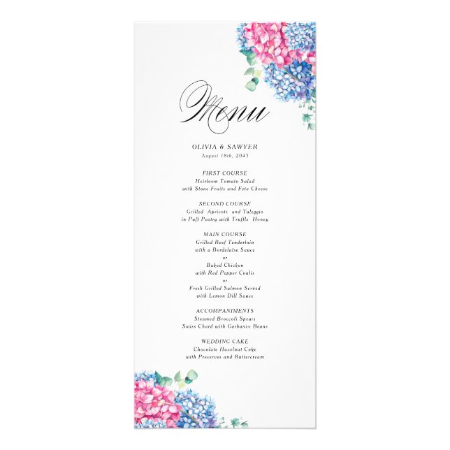 Watercolor Pink and Blue Hydrangeas Menu Card (Front)