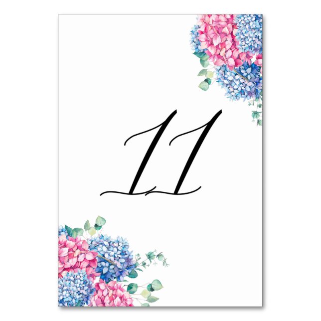 Watercolor Pink and Blue Hydrangeas Table 11 Table Number (Front)