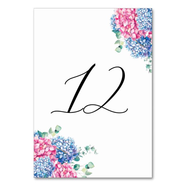 Watercolor Pink and Blue Hydrangeas Table 12 Number (Front)