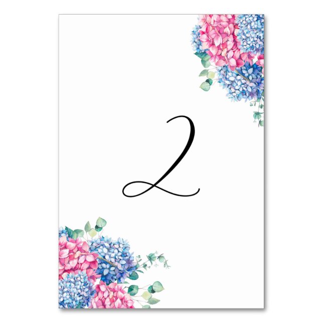 Watercolor Pink and Blue Hydrangeas Table 2 Number (Front)