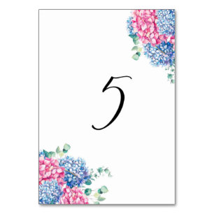 Watercolor Pink and Blue Hydrangeas Table 5 Table Number