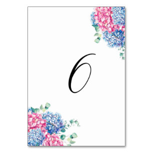 Watercolor Pink and Blue Hydrangeas Table 6 Table Number
