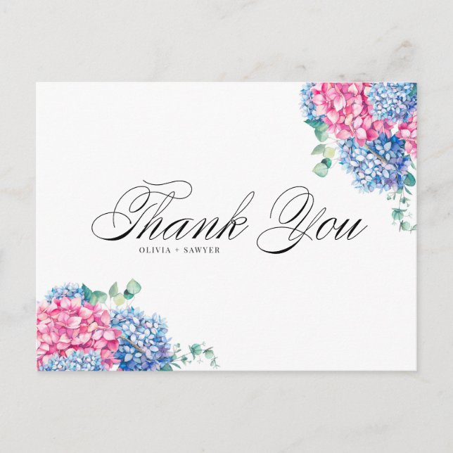 Watercolor Pink and Blue Hydrangeas Thank You Holiday Postcard (Front)