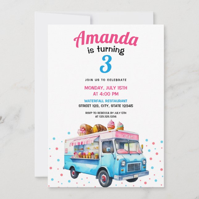 Watercolor Pink and Blue Ice Cream Truck Birthday Invitation (Front)