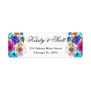 Watercolor Pink and Blue Summer Flowers address Return Address Label