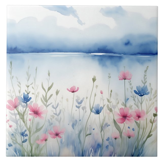 Watercolor Pink and Blue Wild Flowers Wildflower Ceramic Tile (Front)