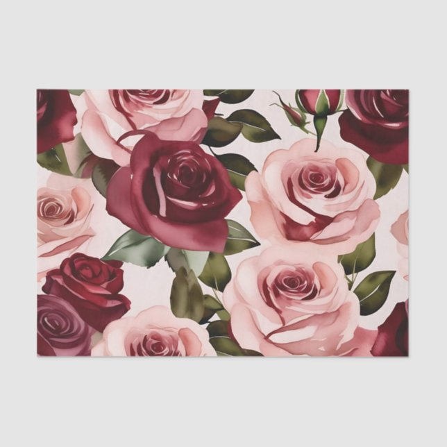 Watercolor Pink and Burgundy Floral Tissue Paper (Front)