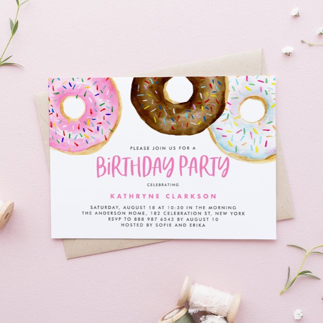 Watercolor Pink and Chocolate Doughnuts Birthday Invitation (Creator Uploaded)
