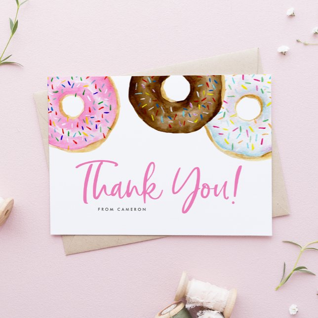 Watercolor Pink and Chocolate Doughnuts Birthday Thank You Card (Creator Uploaded)
