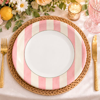 Watercolor Pink and Cream Awning Stripe Paper Plate