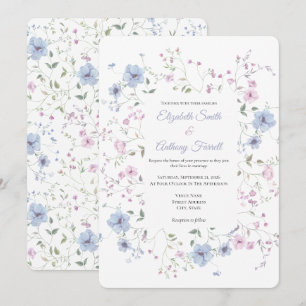 Watercolor Pink And Dusty Blue Botanical Wedding Invitation