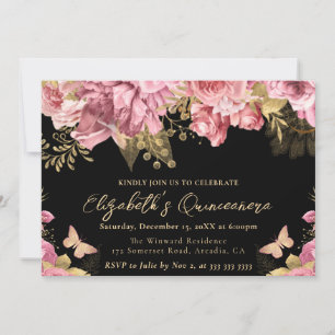 Watercolor Pink and Gold Flowers Quinceanera Invitation