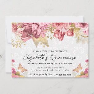 Watercolor Pink and Gold Flowers Quinceanera Invitation