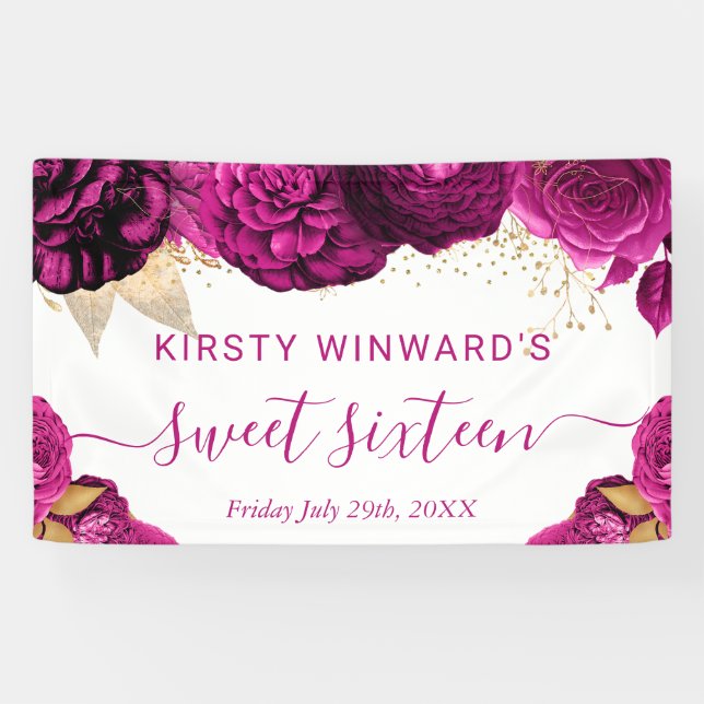 Watercolor pink and Gold Flowers Sweet 16 Banner (Horizontal)