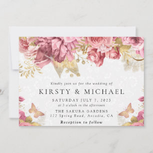 Watercolor Pink and Gold Flowers Wedding Invitation