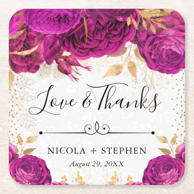 Watercolor Pink and Gold Flowers Wedding Square Paper Coaster (Front)
