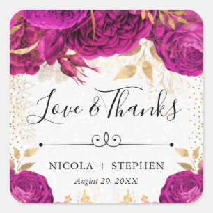 Watercolor Pink and Gold Flowers Wedding Square Sticker