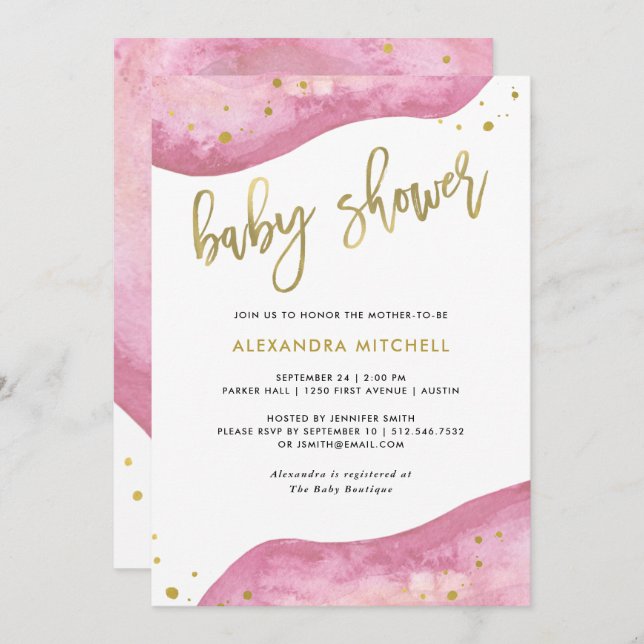 Watercolor Pink and Gold Geode Baby Shower Invitation (Front/Back)