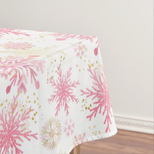 Watercolor Pink and Gold Glitter Winter Snowflakes Tablecloth