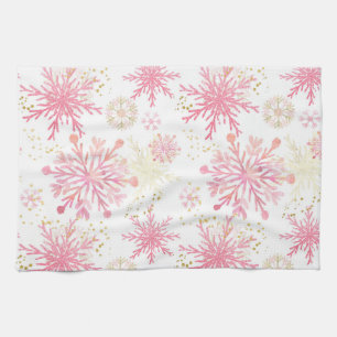 Watercolor Pink and Gold Glitter Winter Snowflakes Tea Towel