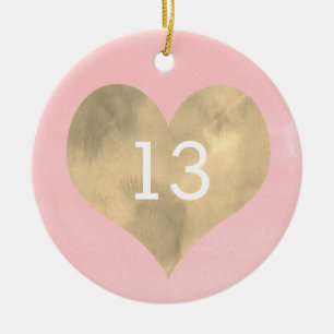 Watercolor Pink and Gold Heart 13th Birthday Ceramic Ornament
