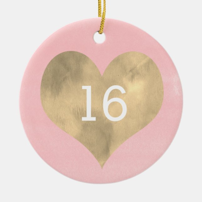 Watercolor Pink and Gold Heart 16th Birthday Ceram Ceramic Ornament (Front)