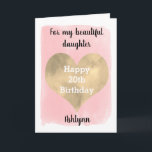 Watercolor Pink and Gold Heart 20th Birthday Card<br><div class="desc">A pretty pink and gold heart 20th birthday card for daughter, granddaughter, niece, etc. The front of this watercolor 20th birthday card for her can be easily personalised with her name. The inside card message and the back of the card can also be edited if wanted. This would make a...</div>