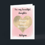 Watercolor Pink and Gold Heart 22nd Birthday Card<br><div class="desc">A pretty pink and gold 22nd birthday card for daughter, granddaughter, sister, etc. The front of this watercolor 22nd birthday card for her can be easily personalised with her name. The inside card message and the back of the card can also be edited if wanted. This pretty twenty second card...</div>