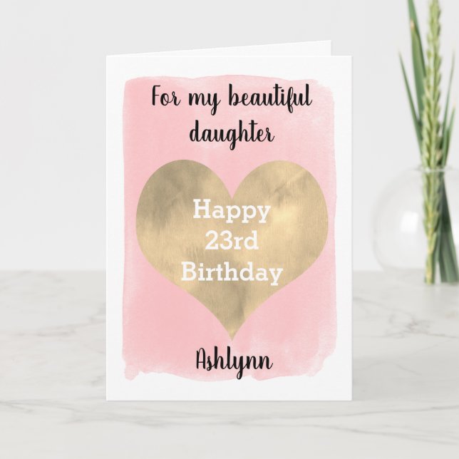 Watercolor Pink and Gold Heart 23rd Birthday Card (Front)