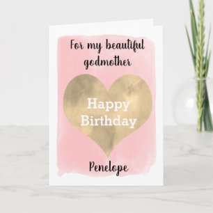 Watercolor Pink and Gold Heart Godmother Birthday Card