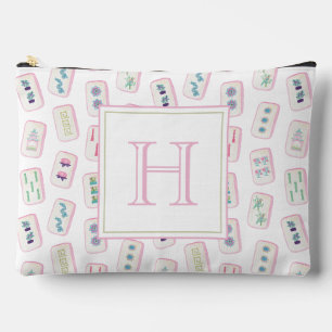 Watercolor Pink and Green Mahjong Tiles Monogram Accessory Pouch