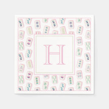 Watercolor Pink and Green Mahjong Tiles Monogram