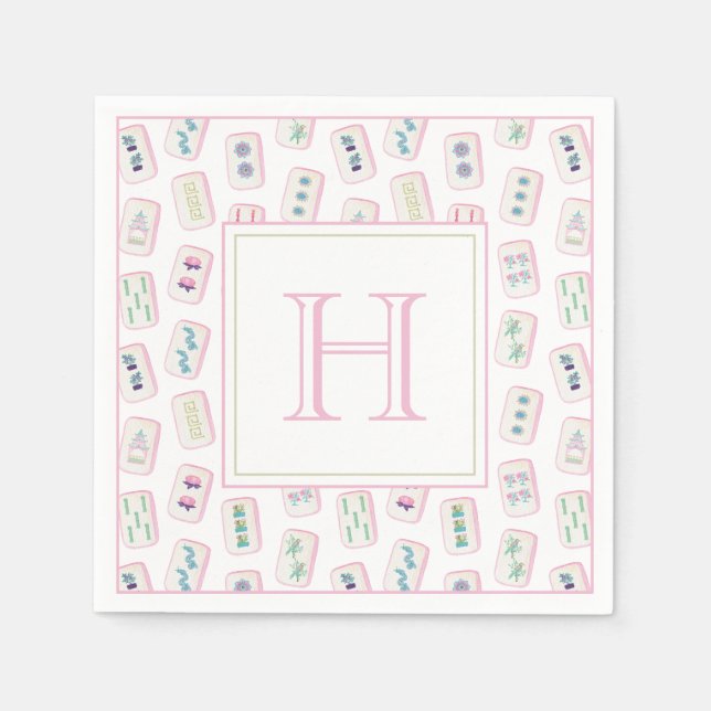 Watercolor Pink and Green Mahjong Tiles Monogram Napkin (Front)