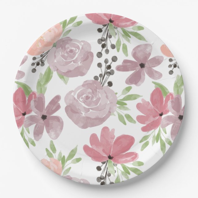 Watercolor Pink and Lilac Flowers Paper Plate (Front)