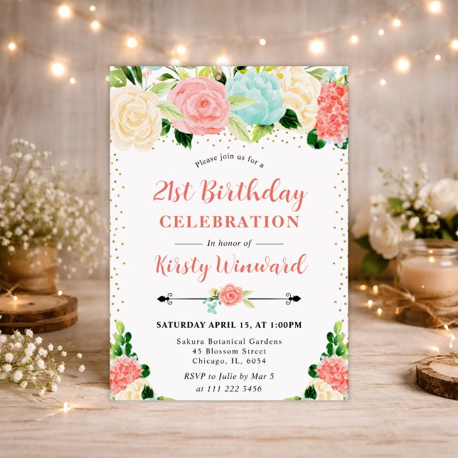 Watercolor Pink and Mint Flowers 21st Birthday Invitation (Creator Uploaded)