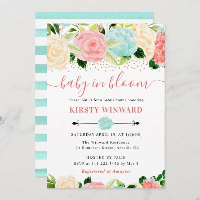 Watercolor Pink and Mint Flowers Baby Shower Invitation (Front/Back)