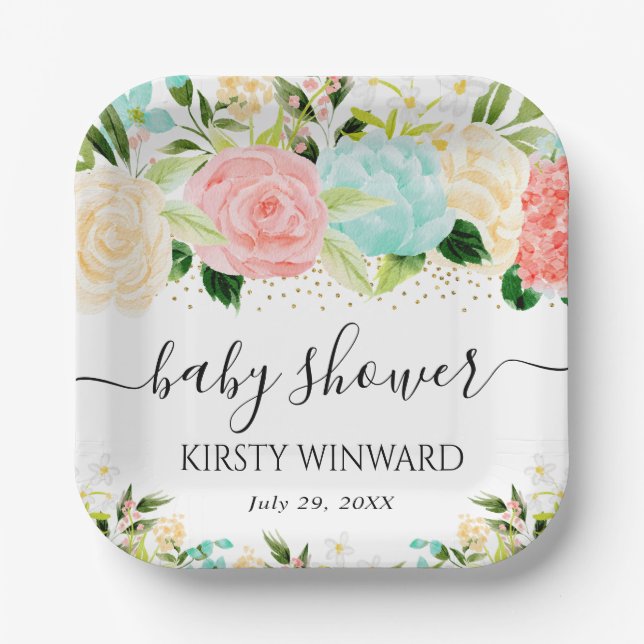Watercolor Pink and Mint Flowers Baby Shower Paper Plate (Front)