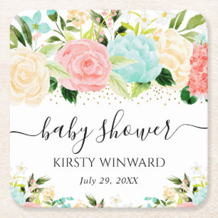 Watercolor Pink and Mint Flowers Baby Shower Square Paper Coaster