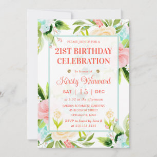 Watercolor Pink and Mint Flowers Birthday Invitation