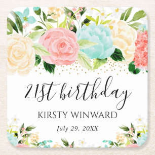 Watercolor Pink and Mint Flowers Birthday Square Paper Coaster