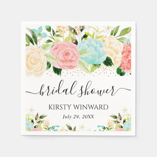 Watercolor Pink and Mint Flowers Bridal Shower Napkin (Front)