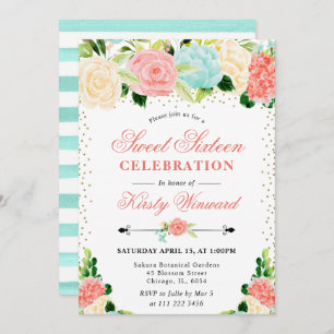 Watercolor Pink and Mint Flowers Sweet 16 Invitation
