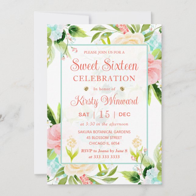 Watercolor Pink and Mint Flowers Sweet Sixteen Invitation (Front)