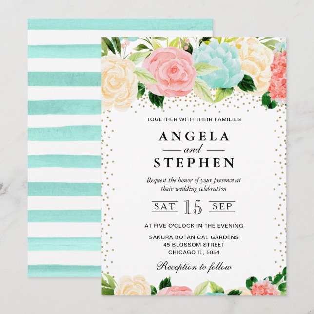 Watercolor Pink and Mint Flowers Wedding Invitation (Front/Back)