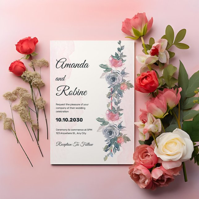 Watercolor Pink and Navy Floral Wedding Invitation (Creator Uploaded)