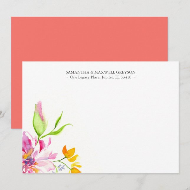 Watercolor Pink and Orange Floral Thank You Note Card (Front/Back)