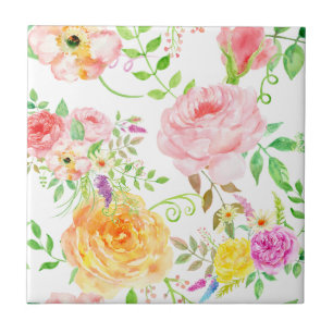 Watercolor pink and peach rose pattern tile