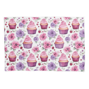 Watercolor Pink and Purple Cupcakes and Flowers Pillowcase