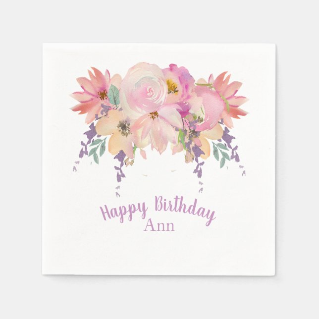 Watercolor Pink and Purple Floral Birthday Napkin (Front)